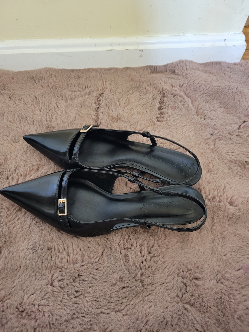 Black Pointed Slingback Flats with Gold Buckle